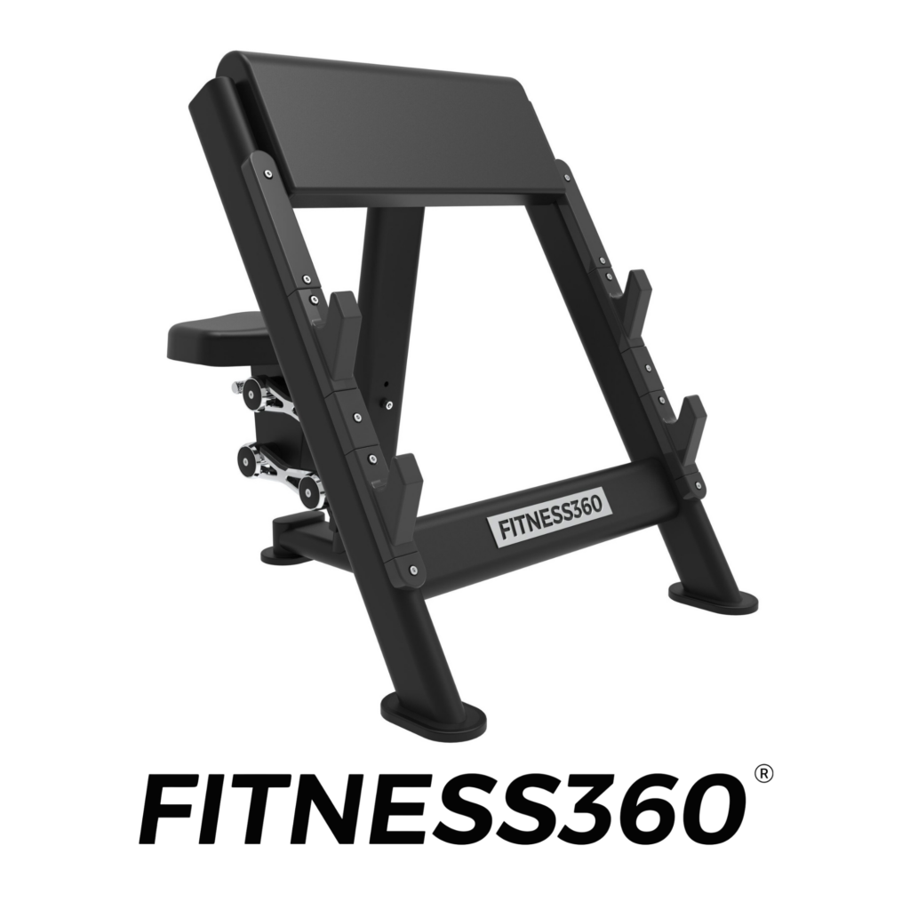 Professional preacher curl bench with adjustable seat and angled arm pad for biceps training