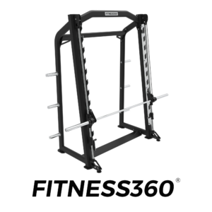 Smith machine strength rack with guided barbell path and weight plate storage